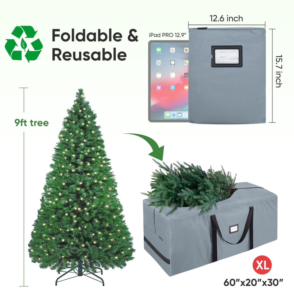 BALEINE 9ft tree storage bag side view showing reinforced structure for carrying