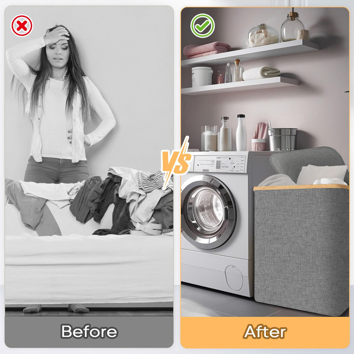 BALEINE laundry hamper in dorm corner keeps clothes organized