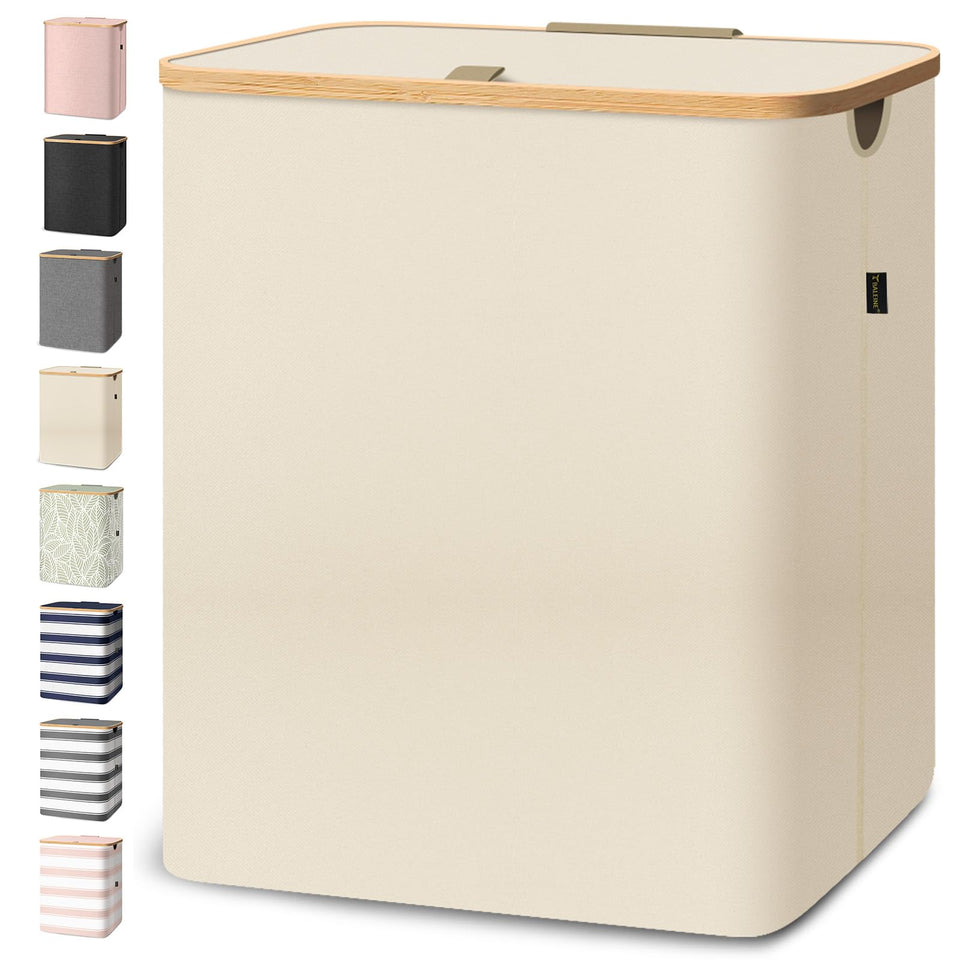 BALEINE laundry hamper with lid shows bamboo rim and sturdy construction for quick sorting.