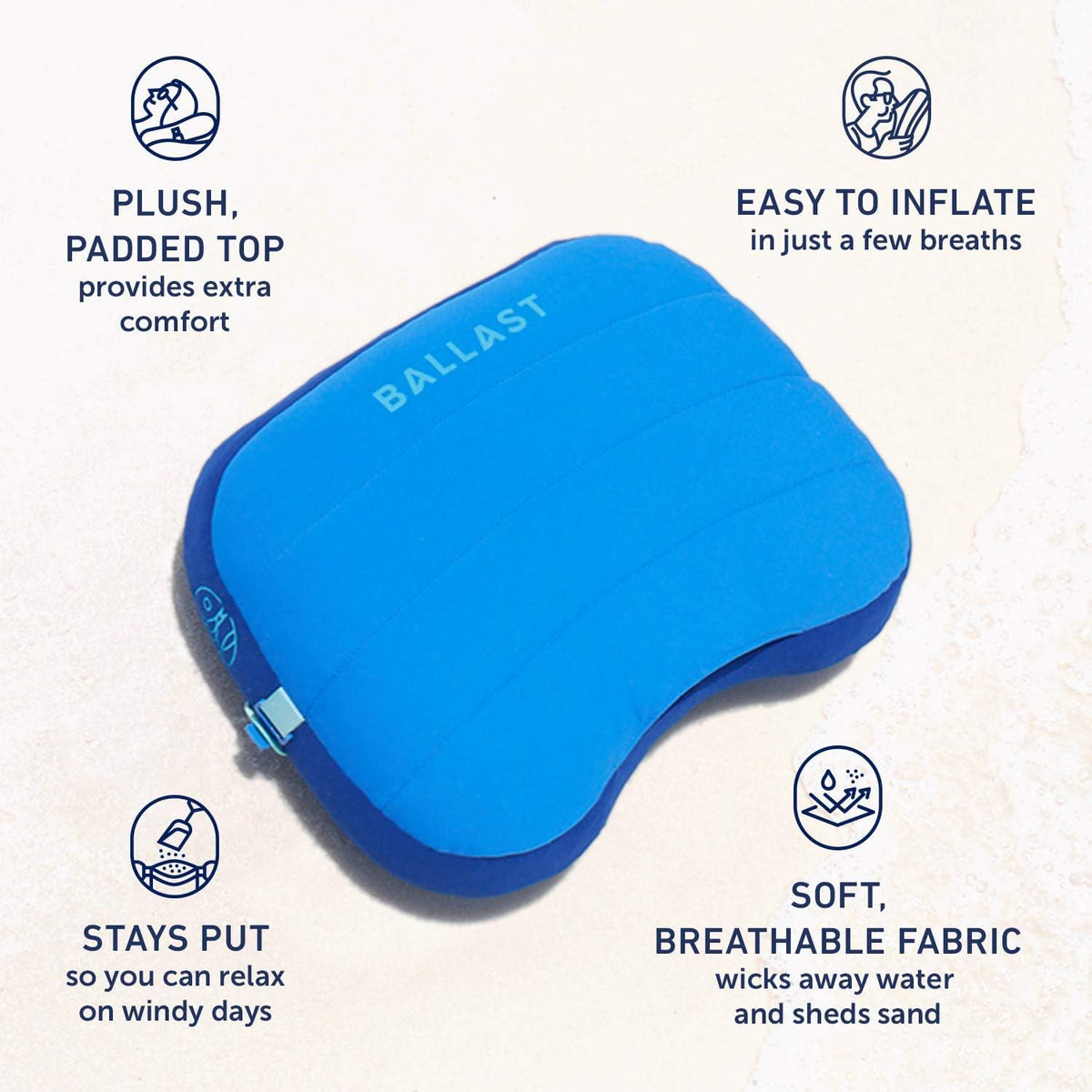 Ballast Beach Pillow weather-resistant fabric wicks water and sheds sand for quick cleanup.