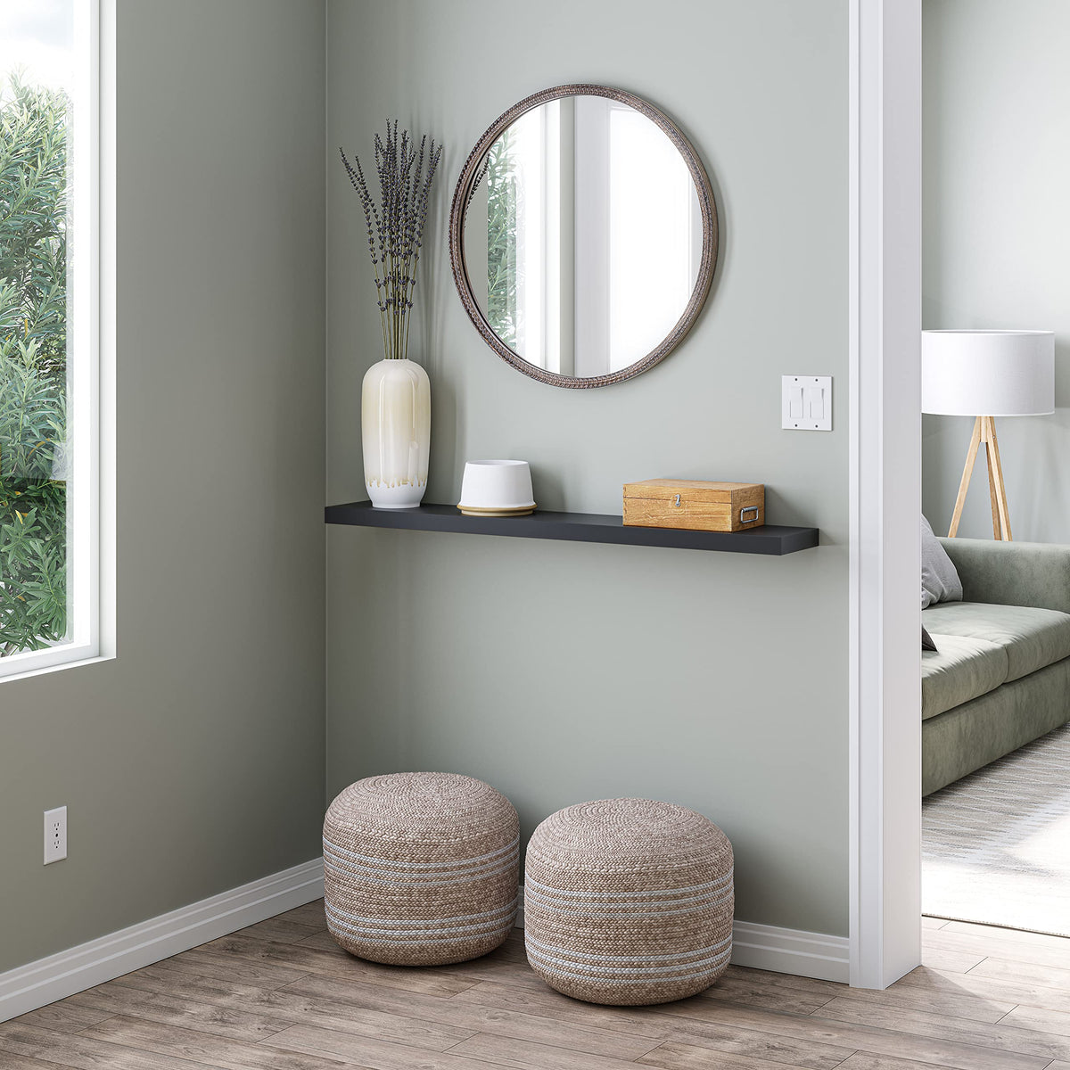 Ballucci 48in black floating shelf side view emphasizes slim profile.