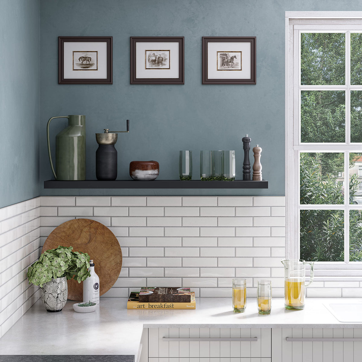 Ballucci kitchen decor display with frames and spices.