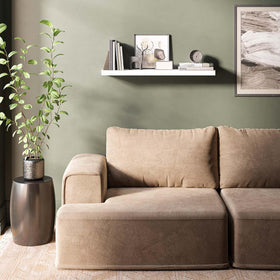 Ballucci living room display shelf showcases photos and decor without visible supports.