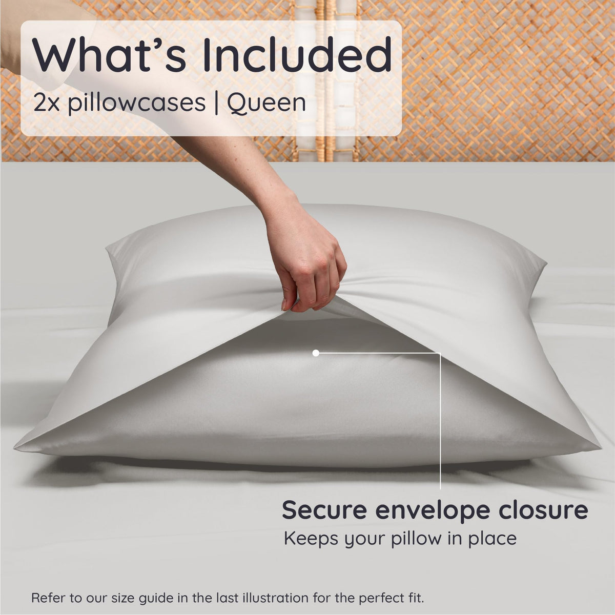 Bambaw bamboo pillowcase on bed showcases generous queen size and smooth texture.