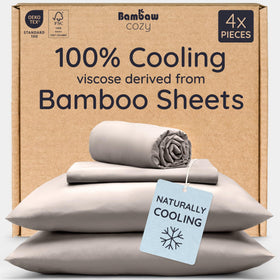 Eco-friendly packaging for Bambaw bamboo queen sheets set in Sand color