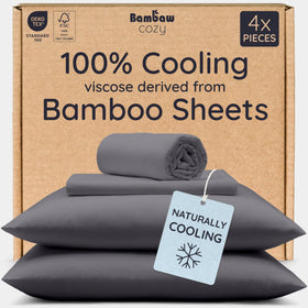 Bambaw bamboo viscose queen sheet set in charcoal, cooling and soft close-up.