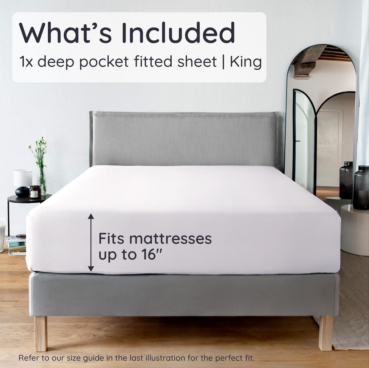 Bambaw King white fitted sheet with 16-inch deep pocket demonstrates secure fit on tall mattresses.
