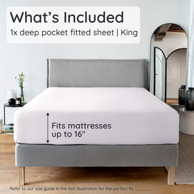 Bambaw King white fitted sheet with 16-inch deep pocket demonstrates secure fit on tall mattresses.