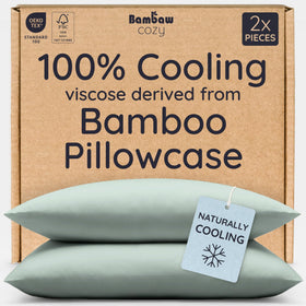 Bambaw pillowcase cooling fabric close-up shows sea glass tone for cooler nights.