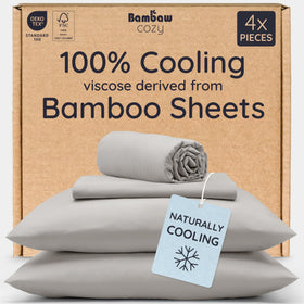 Bambaw queen sheet set moonlight gray on bed for cooling comfort