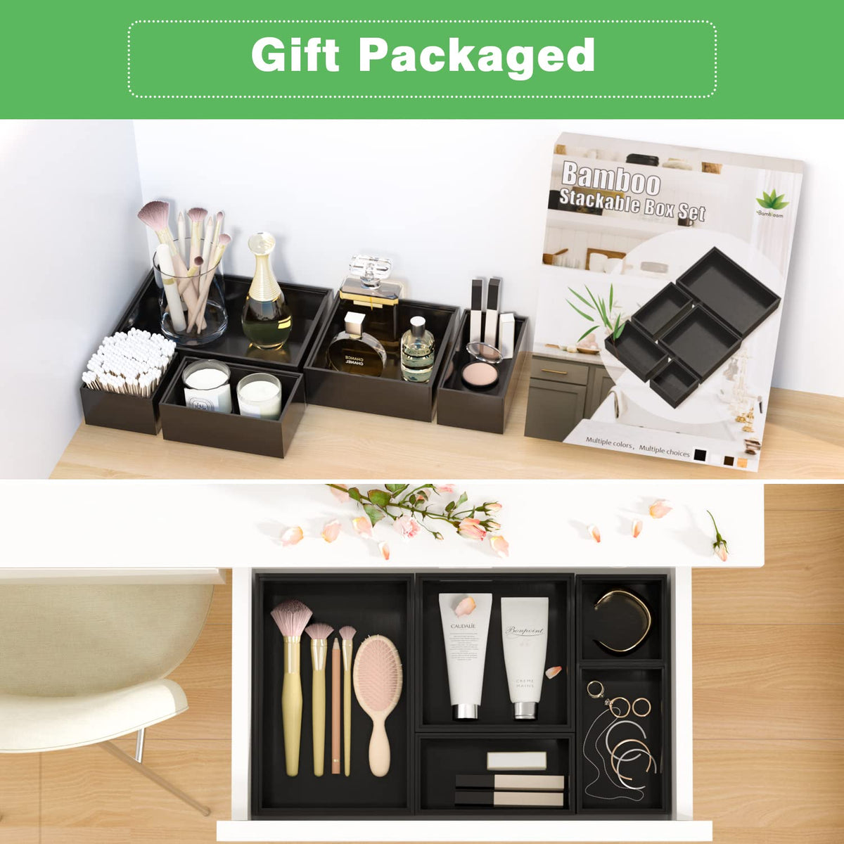 Bambloom five-piece organizer sizes fit various drawers.