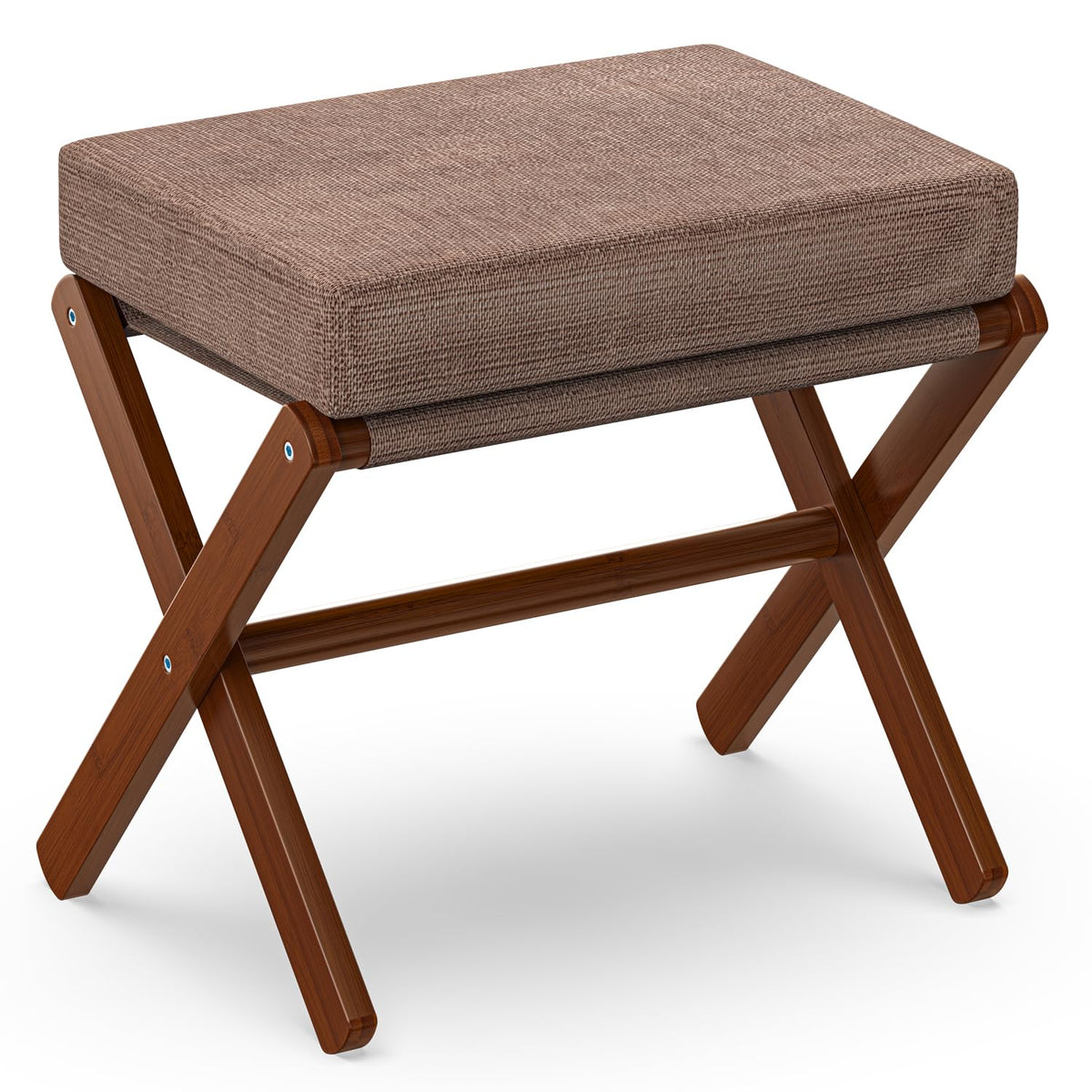 BAMBOOHOMIE foldable foot stool with bamboo X legs elevates feet for relaxed lounging.