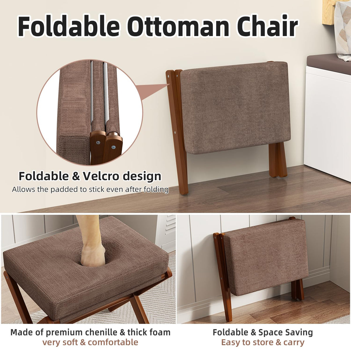 BAMBOOHOMIE foot stool close-up shows premium chenille fabric and thick foam cushion.