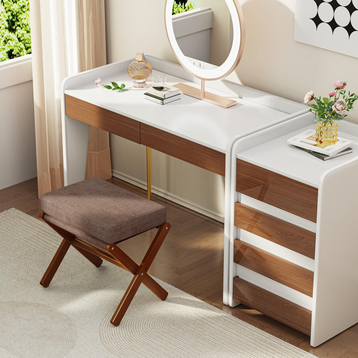 BAMBOOHOMIE foot stool tucked under a bed for space-saving storage.