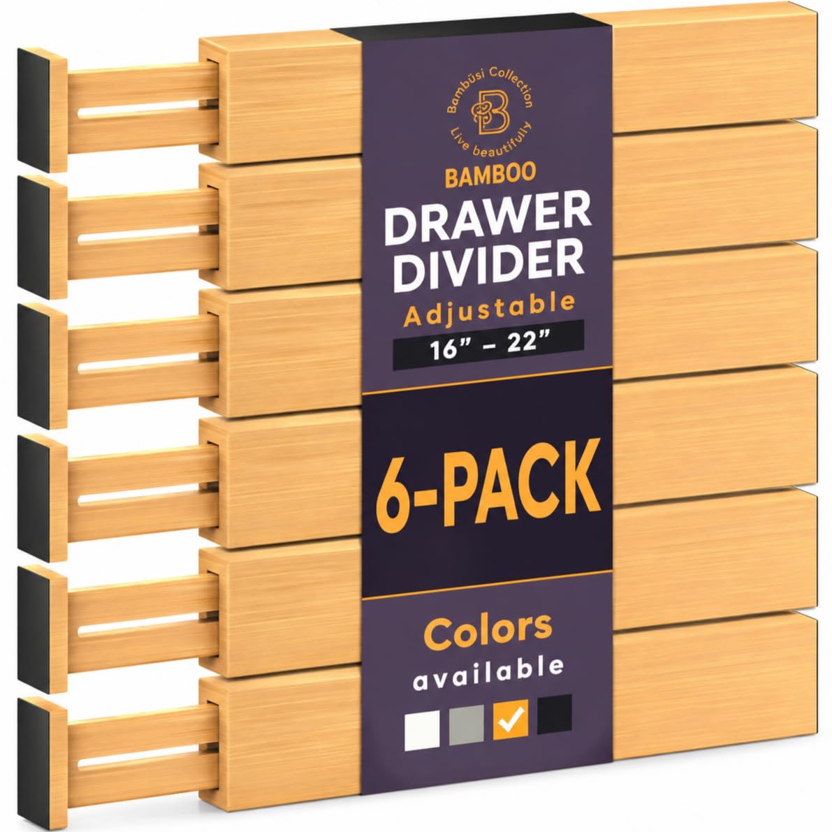 Bambüsi 6-pack drawer dividers extendable-length in-use keeping utensils neatly separated.