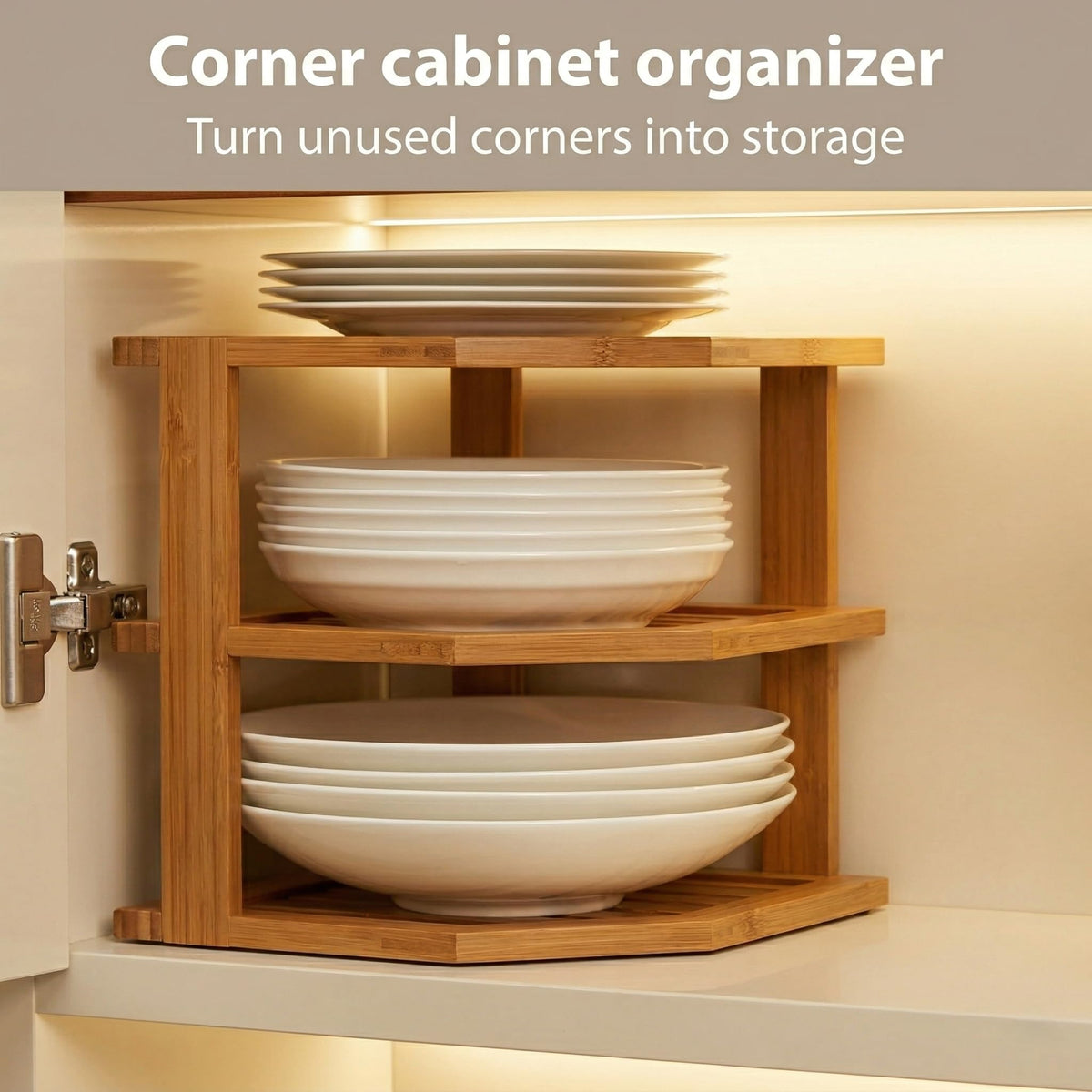 Close-up of bamboo shelf top tier holding plates and shallow bowls