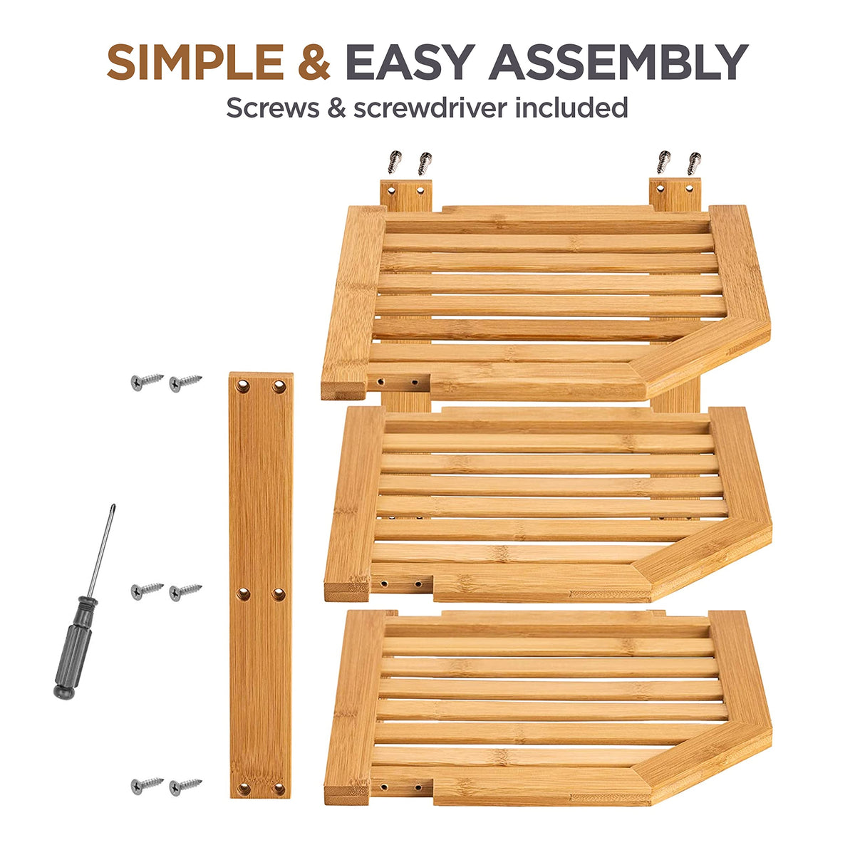 Three-tier bamboo plate organizer with warm natural grain in kitchen setting
