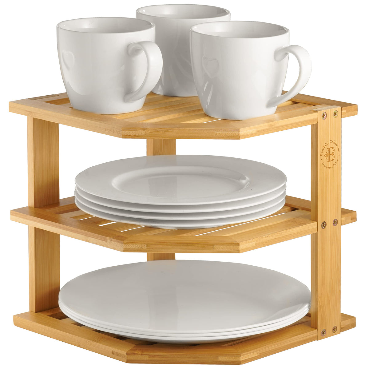 Corner shelf placed on a countertop to maximize storage area