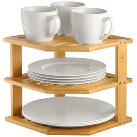 Corner shelf placed on a countertop to maximize storage area