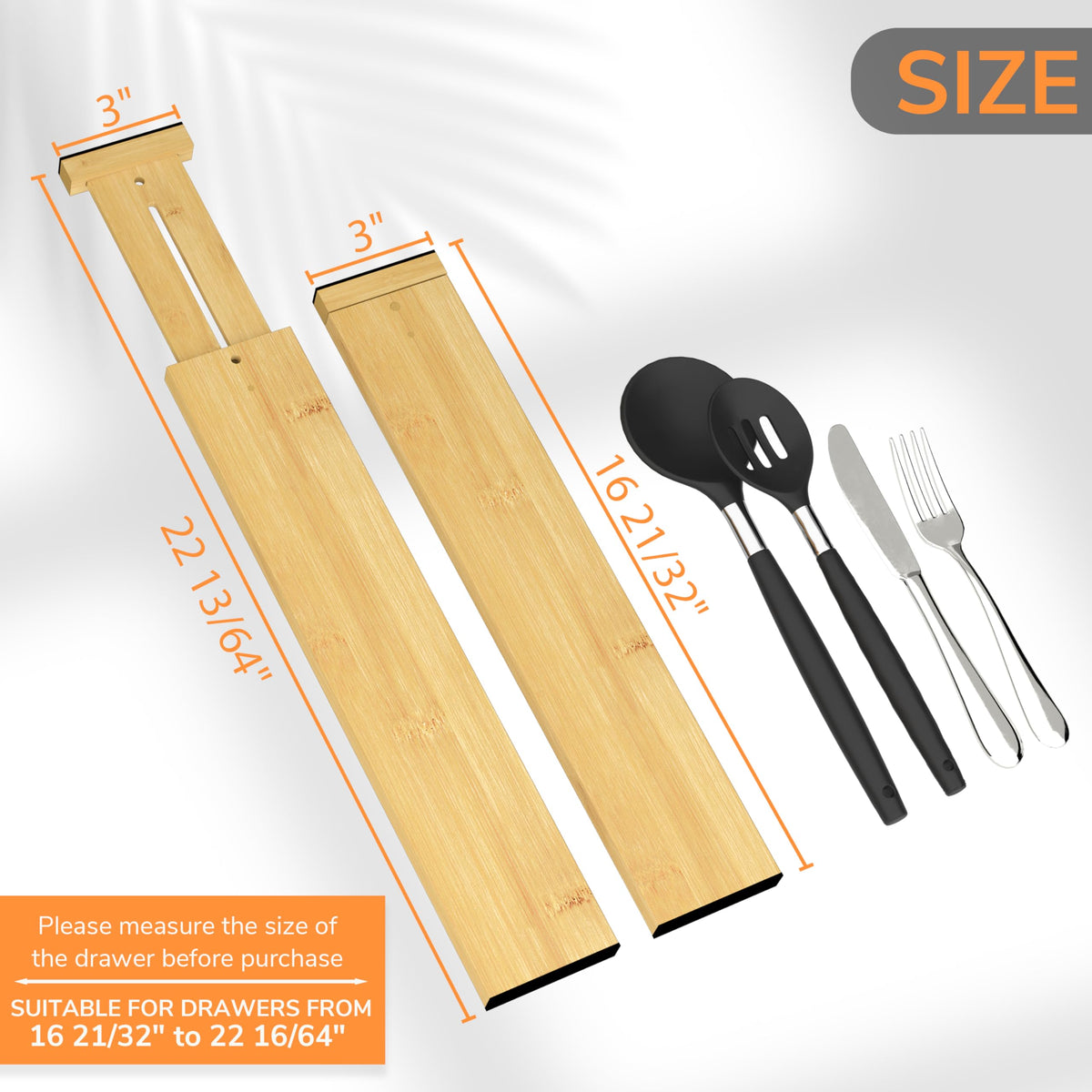 BAMEOS expandable divider extends from 16.65 to 22.2 inches for deep drawers.