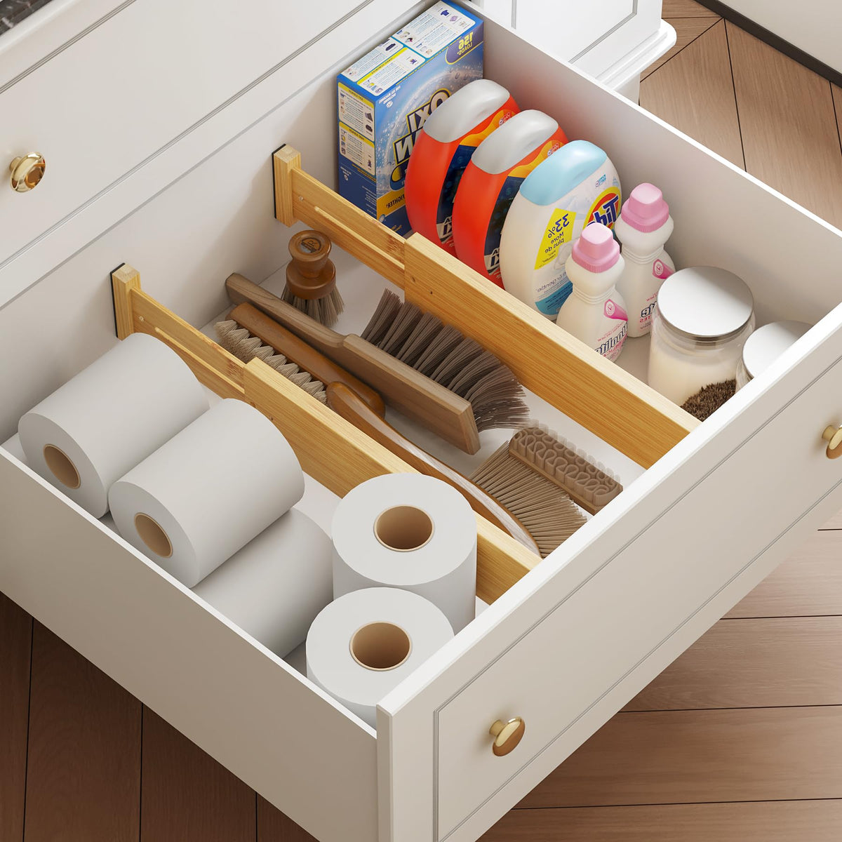 BAMEOS bamboo drawer divider adjustable length enables custom drawer layouts