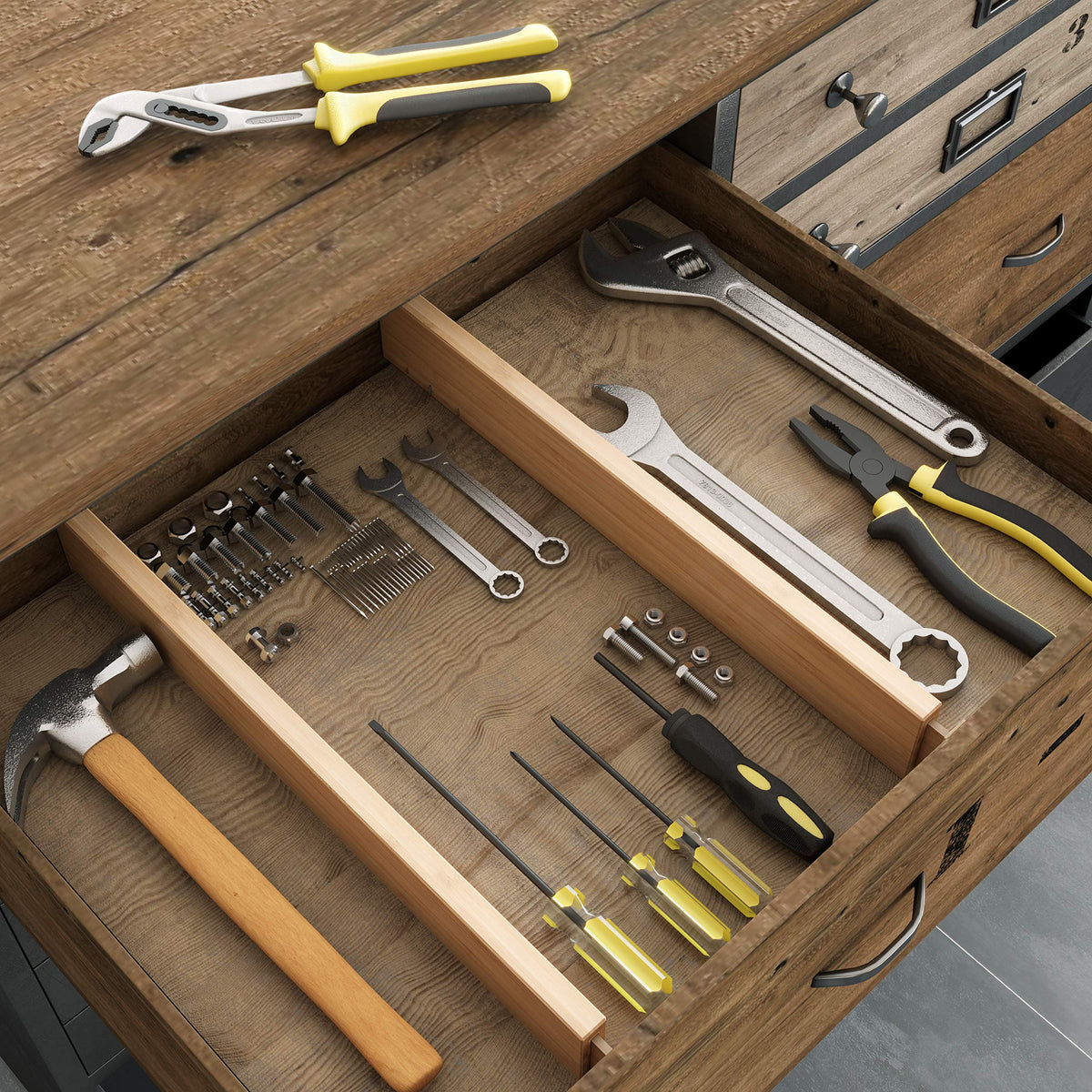 BAMEOS bamboo dividers in an office drawer for tidy supplies
