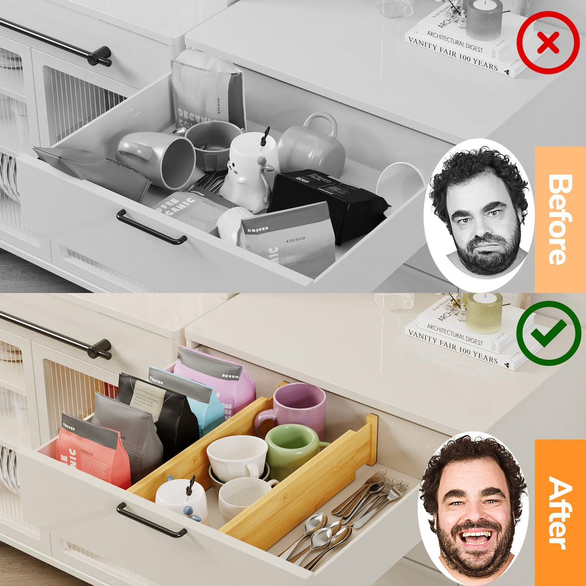 BAMEOS adjustable length divider from 16.65 to 22.2 inches for drawers.