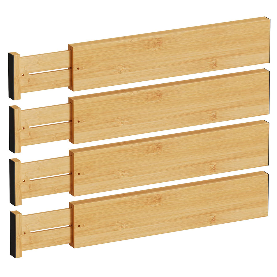 BAMEOS expandable bamboo drawer divider extended length for flexible organization.