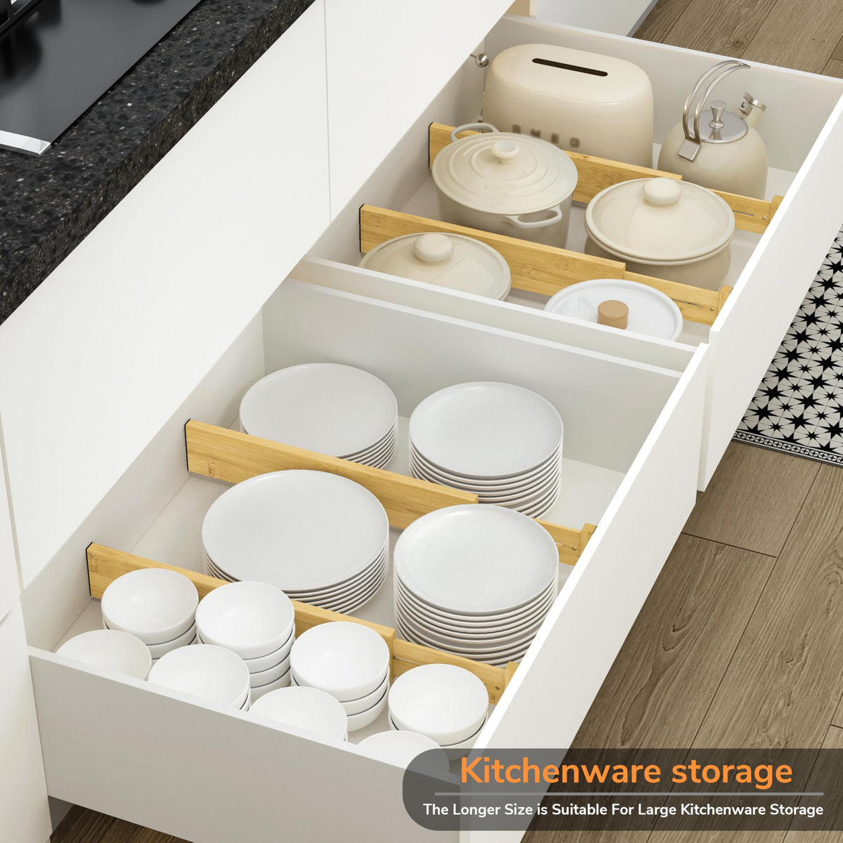 BAMEOS bamboo organizer in kitchen drawer, ideal for utensils and gadgets.