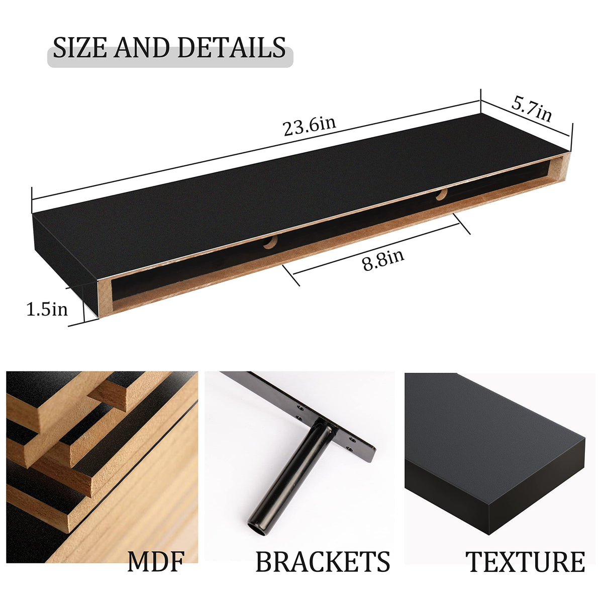 BAMEOS 24in black shelf mounting detail includes hardware for easy installation.
