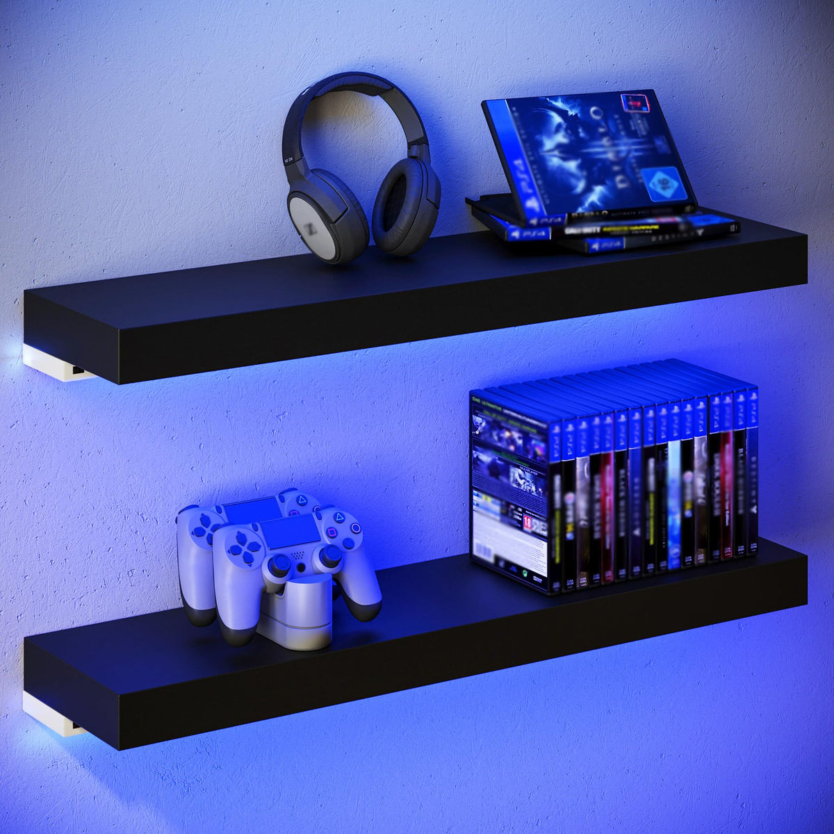 BAMEOS LED wall panel with floating shelves for ambient lighting and display.