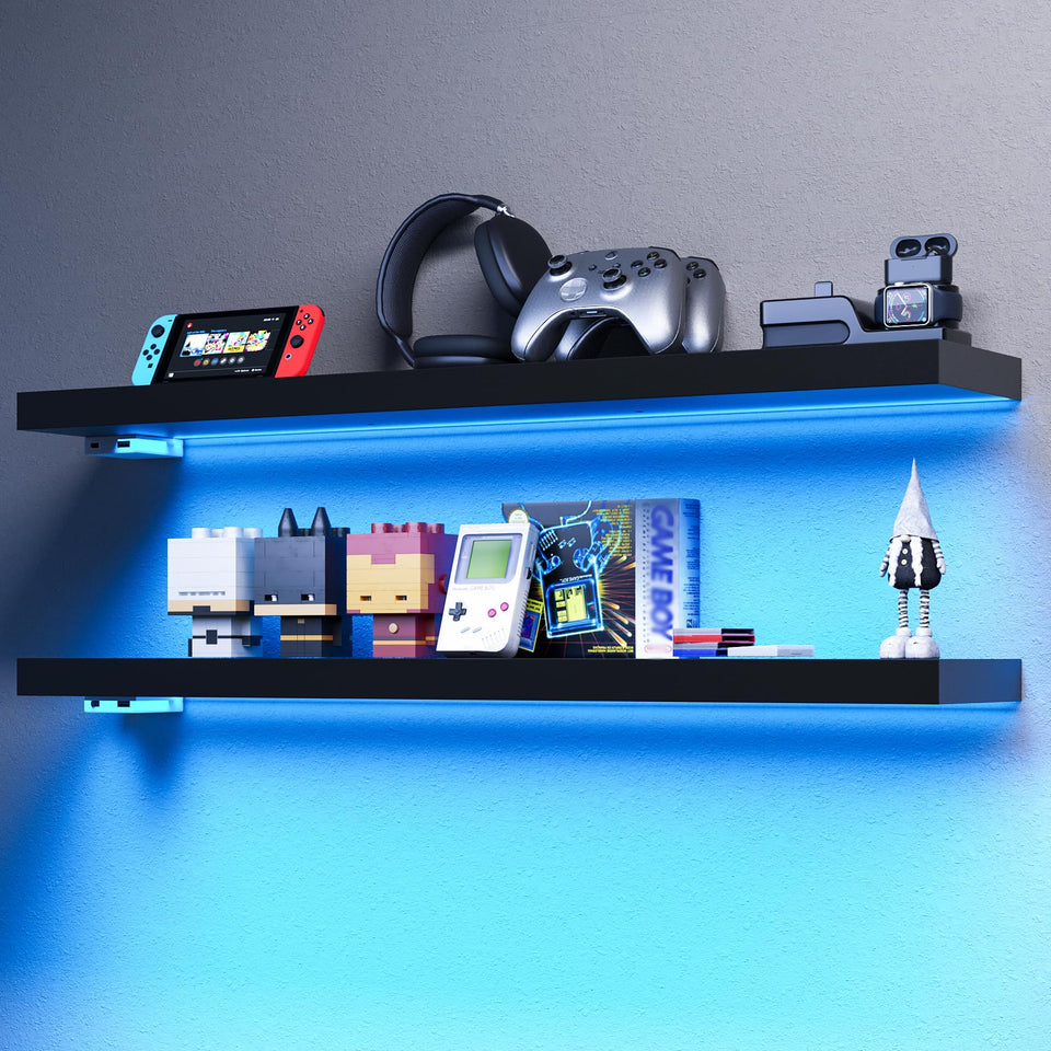 BAMEOS floating shelves with RGB LED in black showcasing ambient lighting