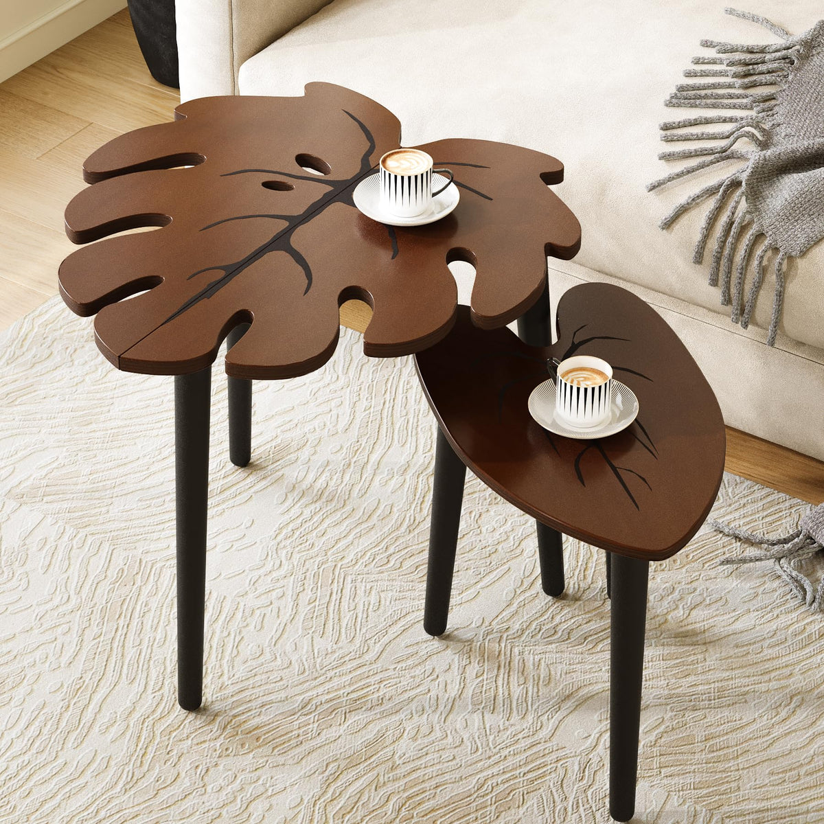 BAMEOS Monstera leaf nesting tables set 2 with leaf design for stylish living rooms.