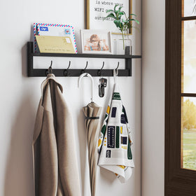 BAMEOS wall-mounted shelf with 5 dual hooks for coats, bags, and keys.
