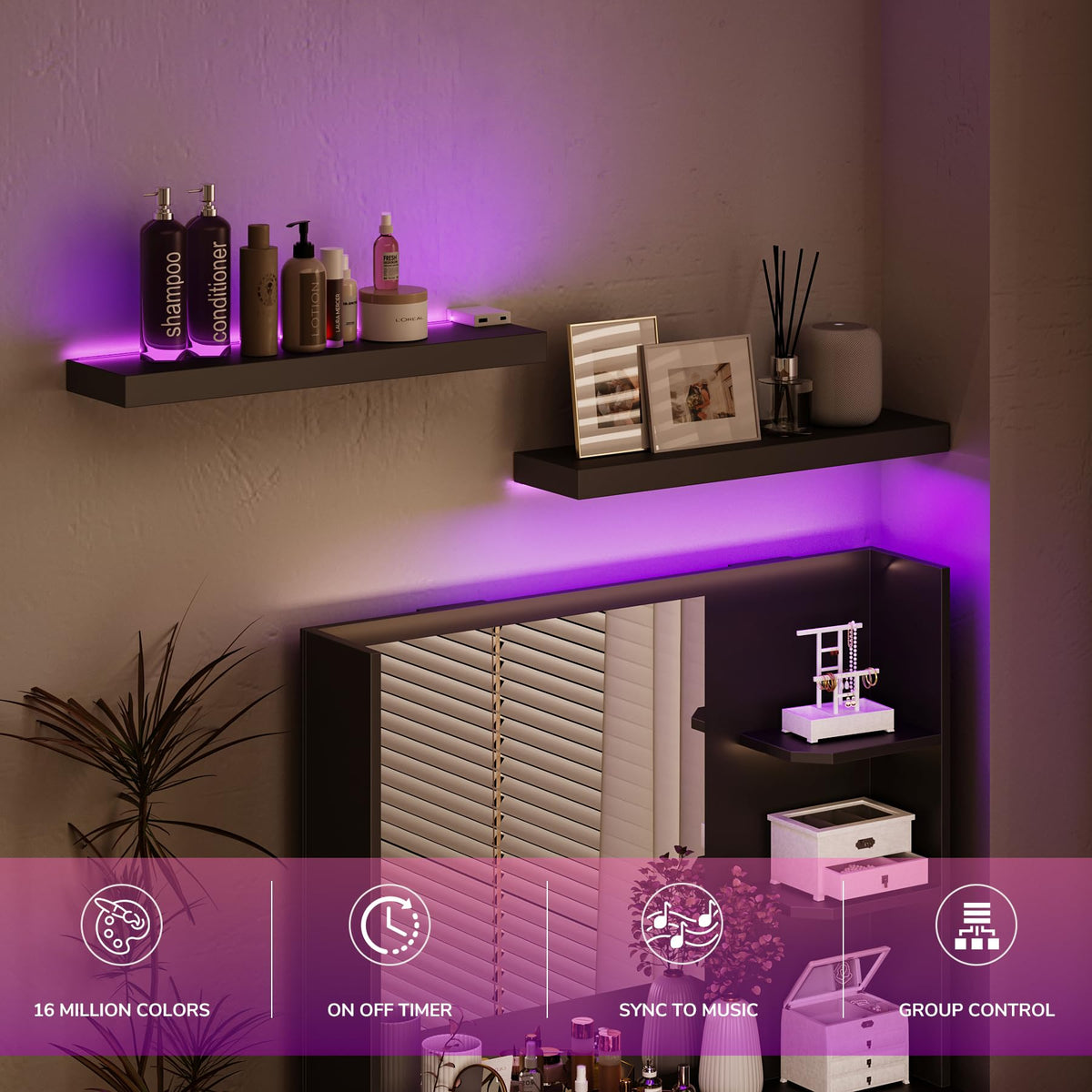 BAMEOS wall-mounted shelves controlled via app for quick customization.