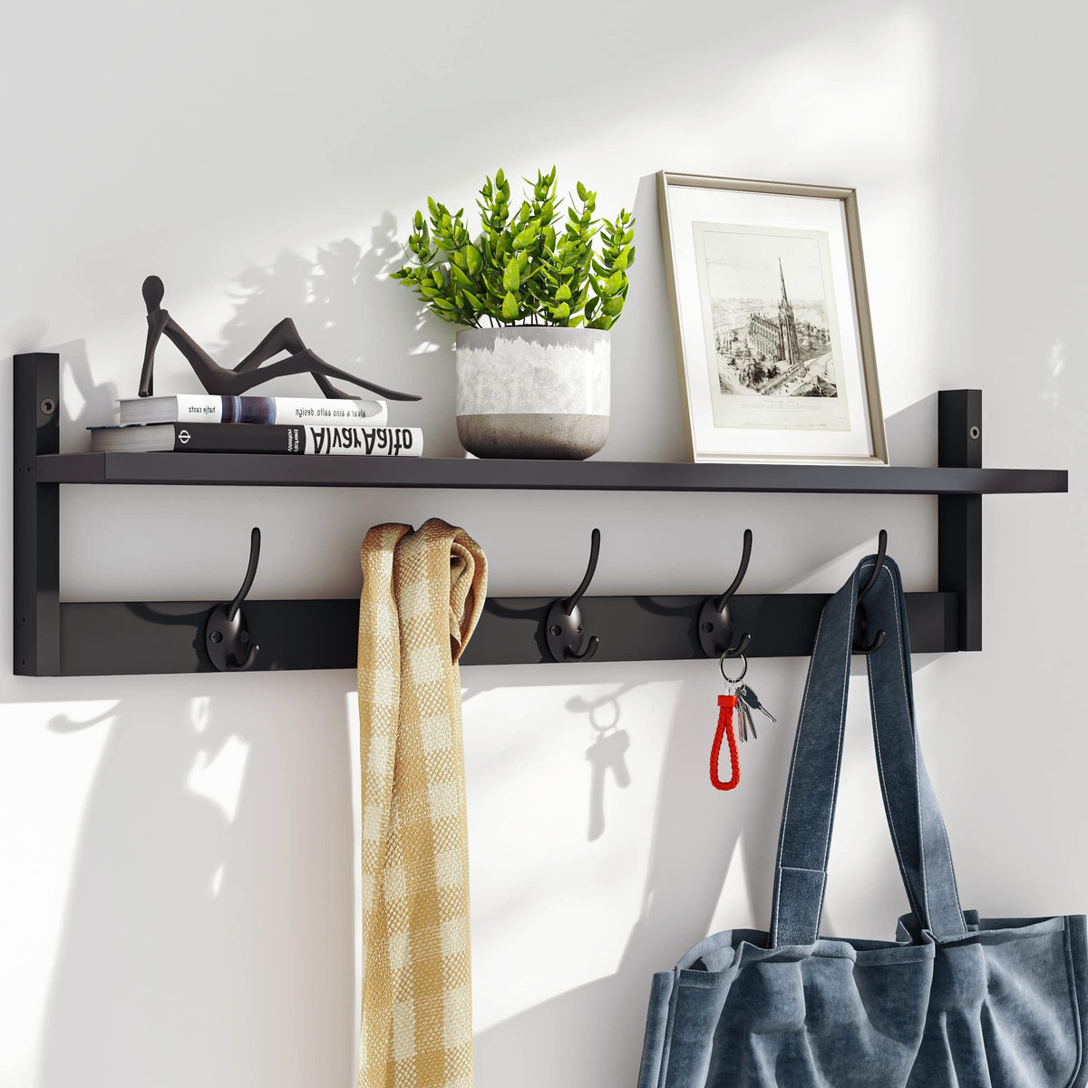 BAMEOS wall-mounted shelf with hooks in entryway for clutter-free storage and quick access.