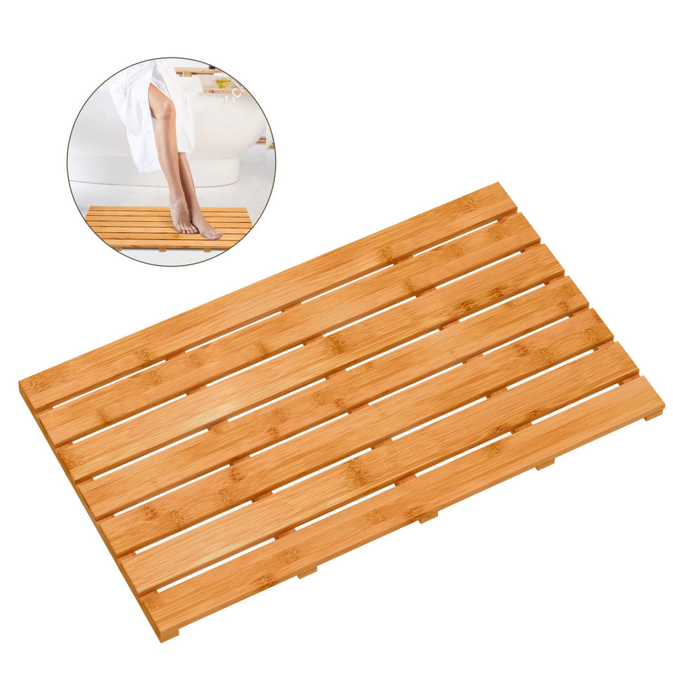 Bamfan bamboo bath floor mat with non-slip feet for secure stepping