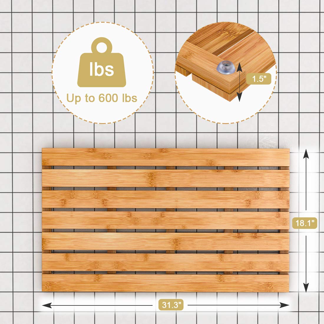 Bamfan bamboo mat featuring non-slip rubber feet protecting floors