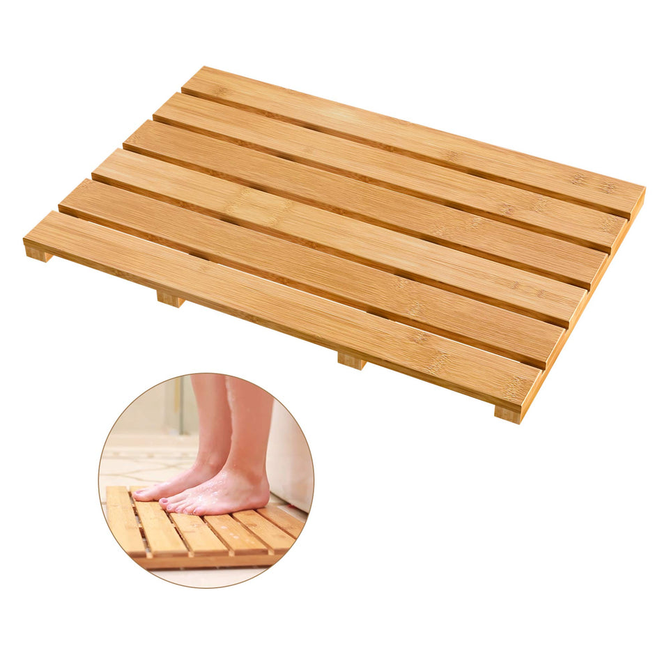 Bamfan bath mat with slatted surface for quick drainage after shower.