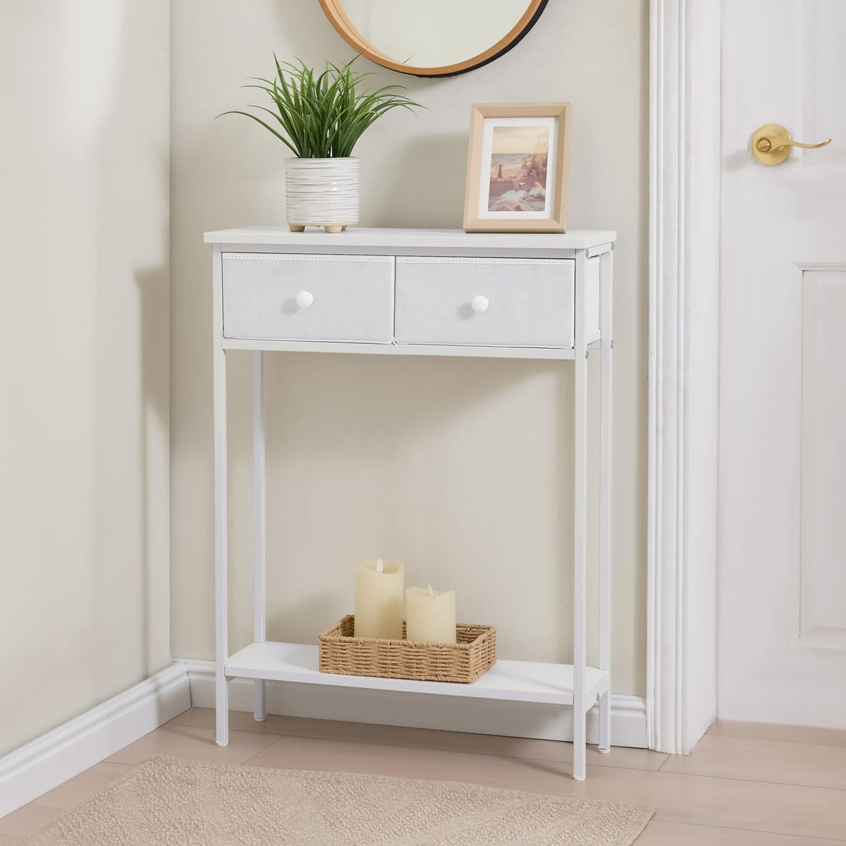 BAMGROW anti-tip kit keeps the slim table secure in busy entryways.