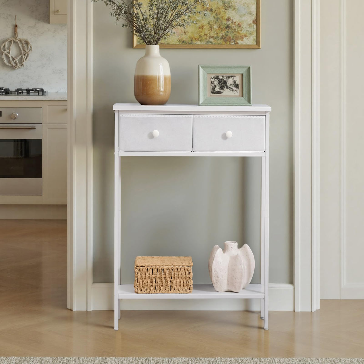 BAMGROW bottom shelf stores shoes or decor efficiently.