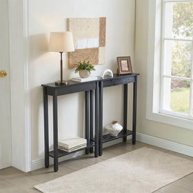 BAMGROW skinny console table with bottom shelf demonstrates practical storage.