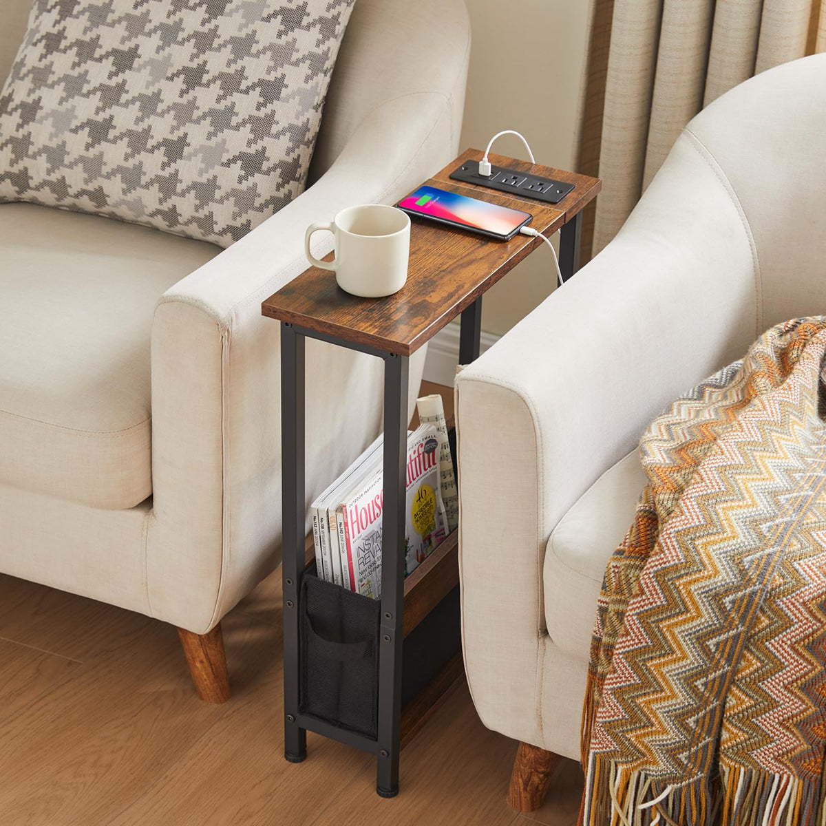 BAMGROW Slim Charging End Table front view in rustic brown finish.