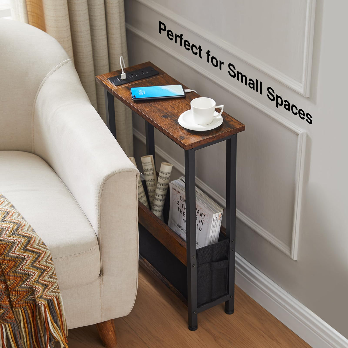 BAMGROW Slim Charging End Table magazine rack for organized reading material.