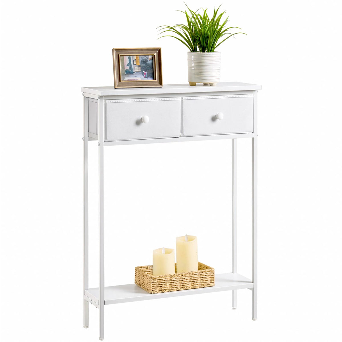 BAMGROW small entryway table with fabric drawers and bottom shelf for organized entryway storage.
