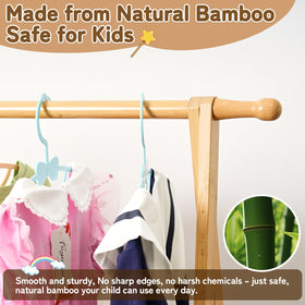 Bamnestor bamboo kids rack side view with hooks demonstrates easy access and versatile storage.