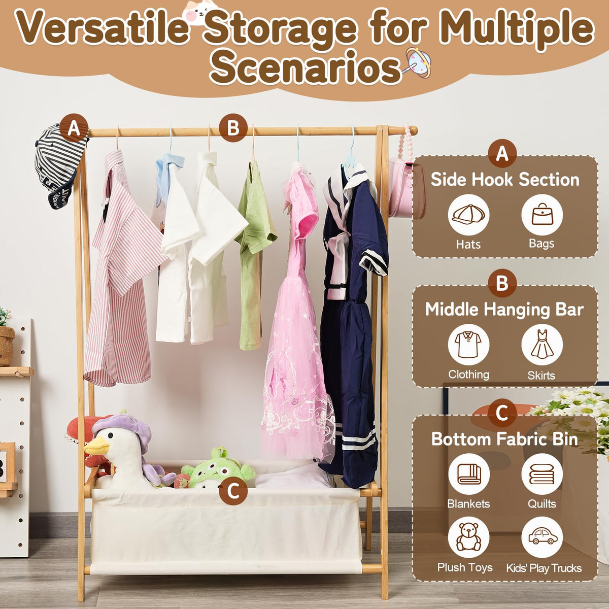 Bamnestor dress-up rack with side hooks ready for bags, hats, and scarves.