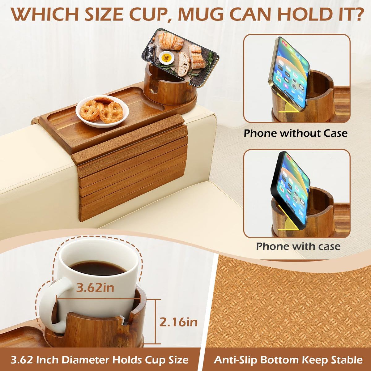 BAMTRAY acacia wood armrest tray blends natural texture with sturdy surface.