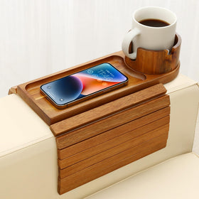 BAMTRAY couch cup holder tray sits securely on a sofa armrest for easy drinks on the go.