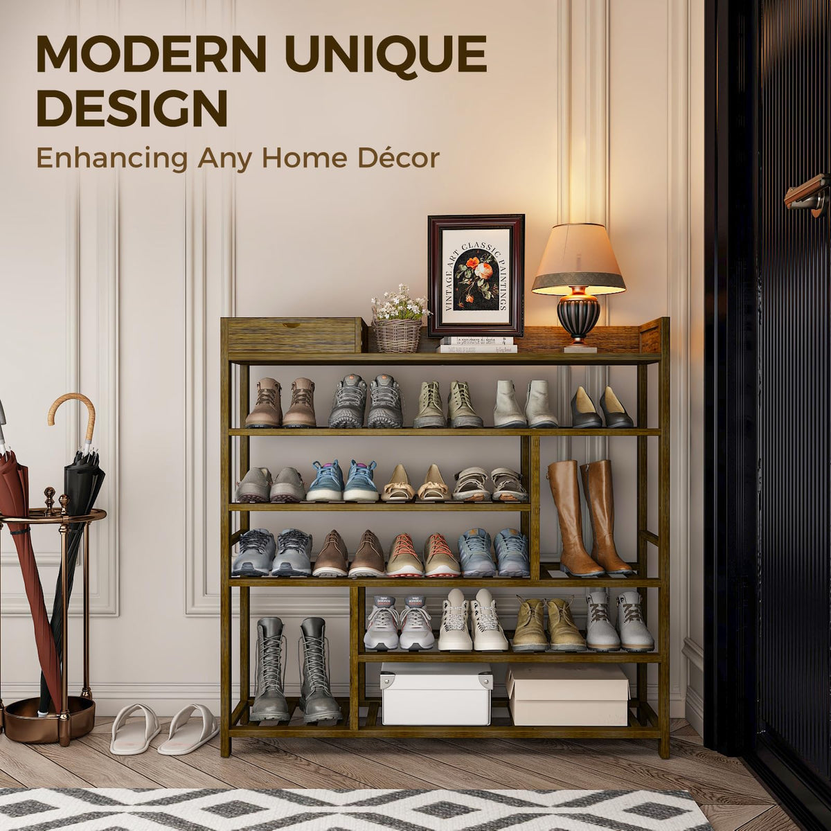 Bamworld bamboo shelves with varying heights for organized footwear.